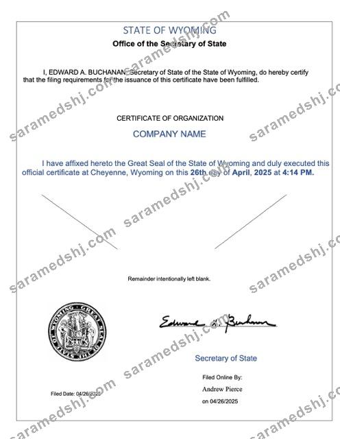 USA Wyoming certificate of organization Word and PDF template